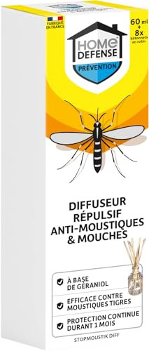 HOME DEFENSE HDSTICK - Diffuseur Répulsif avec Bâtonnets Anti-Moustique et Mouches (1 diffuseur 60 ml + 8 bâtonnets) -Produit à base de géraniol - Protection continue pendant 1 mois -Fabriqué en Fance