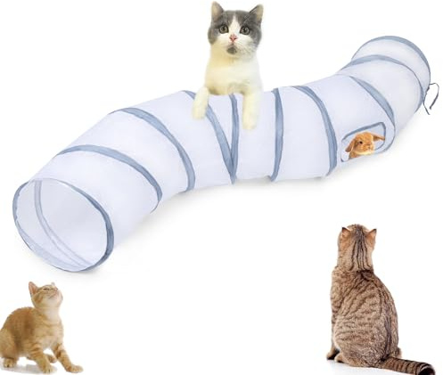 Deofun Cat Tunnel Tube Toys,Tunnels for Indoor Cats, S-Shape White Collapsible Interactive Toy with Balls for Rabbits, Kittens, Ferrets, Puppy