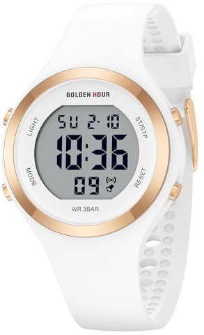 GOLDEN HOUR Orologio digitale da donna, impermeabile fino a 5 ATM, cronografo sportivo, con cinturino in silicone, data e quadrante luminoso facile da leggere, elegante, bianco, Moderno