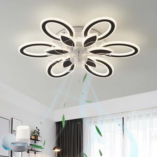 Fleur Luminaire Ventilateur Plafonnier 6 Vitesses Réversible Lustre Ventilo Compatible avec Google Assistant et ALexa LED Dimmable Silencieux Plafonnier Ventilateur Pour Le Salon Chambre, Noir