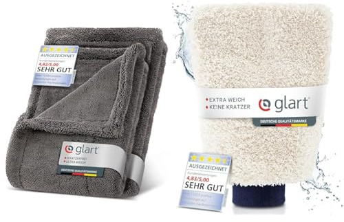 Glart Set Twist Auto Trockentuch XXL - Premium 80x55cm & 60x40cm Mikrofasertücher & Mikrofaser Waschhandschuh Auto - Premium Auto Waschhandschuh für professionelle Autopflege