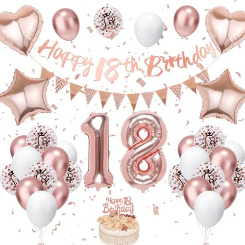 Palloncini 18 Anni Compleanno Oro Rosa - Decorazione Con Banner, Torta Topper per Uomo e Donna - Bianco e Oro Rosa