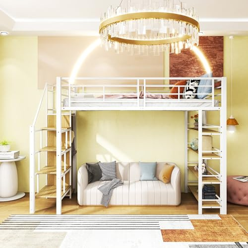 cama infantil elevada 90 x 200 con escalera de almacenamiento, entrepiso con armario y 4 estantes, somier de láminas