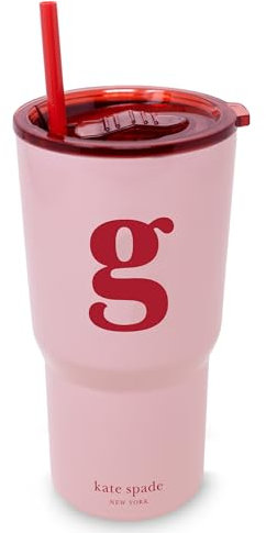 kate spade new york 20 Ounce Insulated Initial Tumbler for Cold and Hot Drinks with Reusable Straw, Stainless Steel Travel Cup with Slide Top Lid (G)