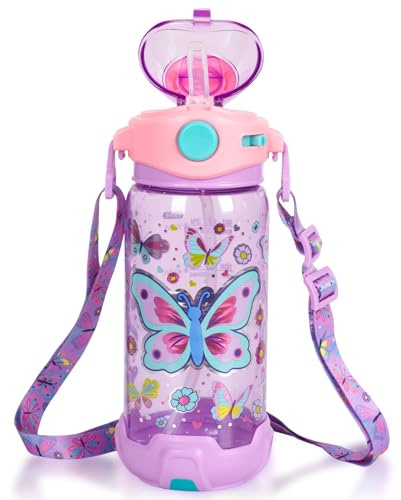Kids Water Bottle with Straw & Strap for School Kids Girls Boys, 22oz BPA Free Child Drinking Water Bottle One-Click-Open Leak-Proof Locking Flip Lid for Back to School Sport Travel