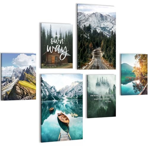 Novart Bilder Natur Berge - KOMPLETT AUFHÄNGFERTIG - See Landschaft Wohnzimmer Schlafzimmer Flur - 6 Moderne Mood-Bilder - N028367a