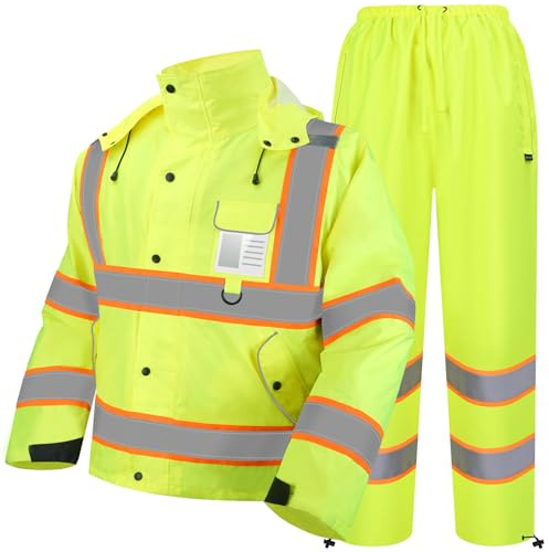 TICONN Hi Vis Rain Jacket and Pants, Waterproof High Visibility Safety Rain Suits, ANSI Class 3 Reflective Rain Gear for Men and Women (Yellow, M)