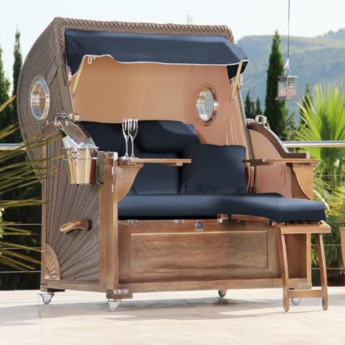 DERKORB Strandkorb 2,5 Sitzer Ostsee Classic mit Bullauge XXL Volllieger in Mahagoni, fertig montiert mit Rollen & Premium Schutzhülle (Dunkelblau Meliert)