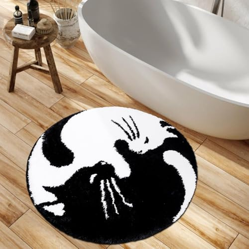 Feblilac Niedliche Katzen-Badematte, Yin-Yang-Badematte, rund, Mikrofaser, Wohnzimmer, Schlafzimmer, 65 x 65 cm