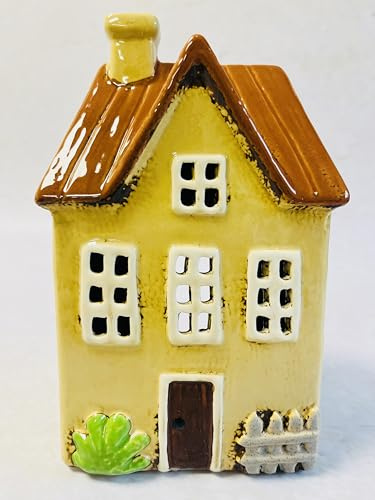Tealight Candle Holder Housewarming Gift Cottage Ceramic Village Pottery House Ornament (Yellow Picket Fence Cottage (20cm x 12cm))