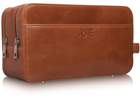PURE Leather Studio Atlas Kulturbeutel Herren Echtleder XL Cognac - handgefertigte Reise Waschtasche – edle Kulturtasche aus Rindsleder