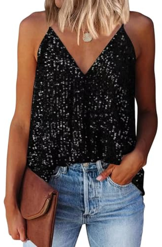 EUDOLAH Ärmellose Damen Unterhemden mit Pailletten schimmerndes Oberteil Glitzer Top Tanktops Party Tunika Glitzerbluse, Schwarz, Size L