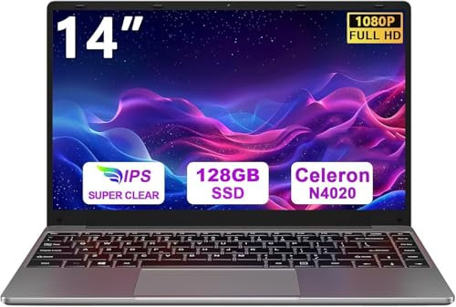 2025 Newest Ordenador portátil Win11 N4020 Up to 2.8Ghz 128GB Admite expansión SSD 1TB 14 Portátiles FHD BT4.2 5G WiFi Mini Puerto Multimedia con ratón inalambrico & Pegatinas Teclado Español-Gris