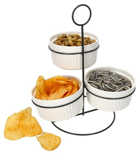 MamboCat Bianca 3er Set Porzellanschalen 210 ml mit Ständer H24,5 cm I Etagere I runde Schälchen für Dessert, Dip, Snacks, Soufflé mit schwarzer Halterung I für Partys, Feiern etc