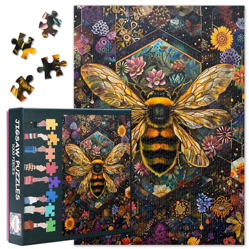 1000 Piece Jigsaw Puzzles for Adults - Vibrant Bees and Blooming Floral Garden Scene, Premium 1000 Piece Puzzle, Coolest Adult Botanical Art Jigsaw Puzzle(27.5x19.7 Inch)