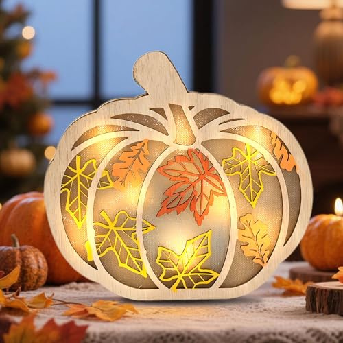 Herbstdeko Kürbis Beleuchtet, Herbst Dekoration Kürbis Laterne mit LED Licht aus Holz, Leuchtende Herbst Deko Kürbislaterne mit Ahornblatt für Herbstdeko Innen Schlafzimmer Wohnzimmer Tischdeko (A)