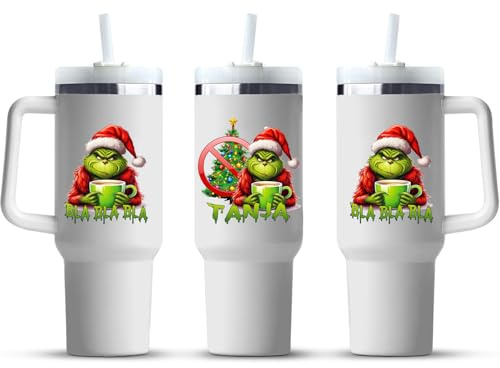 Thermobecher Muffel Personalisiert mit Namen, Strohhalm und Griff | Doppelwandiger Edelstahl Vakuum Isolierbecher Kaffeebecher Isolierbecher | 1,2L (Weiss.)