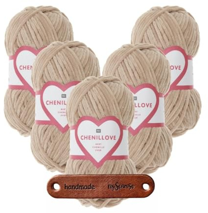 Rico Design 5 x 100g Creative Chenillove 11 beige Premium Wolle superweiches Chenillegarn für Stricken & Häkeln von Decken Kissen Amigurumi Babyprojekten und Wohnaccessoires mit mySearose Label