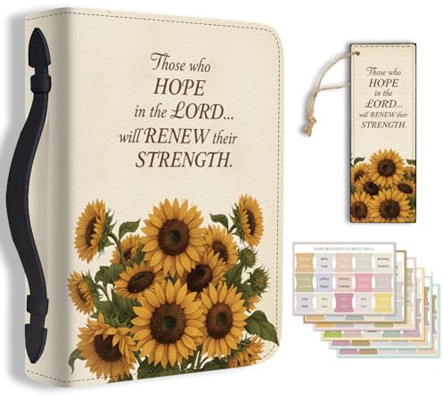 Hobbspring Bibelhalter Etui für Schule Büro Sonnenblumen Bibel Schutz mit Griff Lesezeichen Pflanzen Bibeln Hülle mit Reißverschluss Etiketten Aufkleber für Schüler Erwachsene Gelb PU Leder Tasche