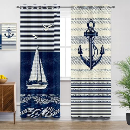 Mistela Vorhänge Blickdicht Nautisch - Verdunklungsvorhänge mit Ösen Maritim Segelboot Anker Wohnzimmer Gardinen Vorhänge kurz Schlafzimmer Kinderzimmer Küchengardinen Decor - 2er Set - H137 x B117cm