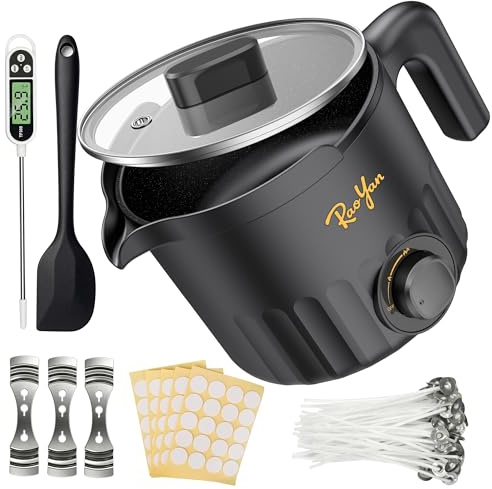 RAOYAN 1.5L Candle Wax Melter, Candle Making Kit for Beginners and Adults, Wax Melting Pot for Candle Making with Thermometer, Wicks, Stickers, Centering Device and Stirring Spoon - Black