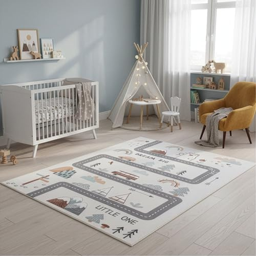 SIMPEX Kinderteppich Straße Spielteppich für Kinderzimmer in Creme mit Fahrzeug und Natur Motiv Größe 80x150 cm ideal für kleine Spielbereiche