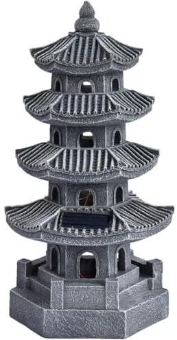 Bemonew Estatua de jardín Pagoda con energía Solar, Linterna de Pagoda de Resina para Exteriores, decoración de jardín japonés Zen para balcón, Patio, Porche, Patio, 11, 4x4, 7x4, 7 Pulgadas, Gris