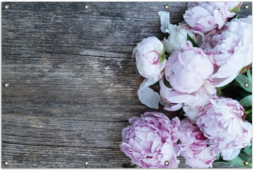 Wallario Outdoor-Poster für Garten oder Balkon Pinke Blumen auf Holz, Motivbanner Größe: ca. 100 x 150 cm, Outdoor-Bild