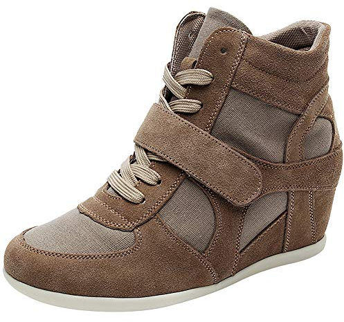 rismart Mujer Tacón de cuña Linda Cómodo Bucle De Gancho Tela&Ante Cuero Casual Zapatillas Zapatos(marrón,38.5 EU)