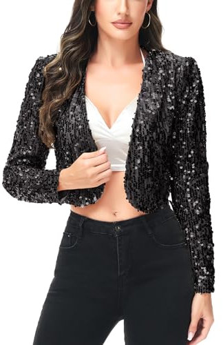 ANNA-KACI Pailletten Metallic Retro Disco Geerntetes Langarm Bolero Jacke, Schwarz, M