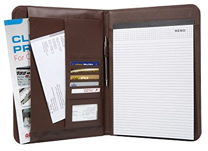 Genie elegante A4 Schreibmappe Wiesbaden (extradünn und strapazierfähig; strukturiertes Nylon und Lederoptik; Inkl. Schreibblock; Stiftehalter; Einschubfach; Visitenkartenfach) braun