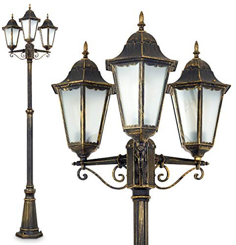 Außenleuchte Hongkong Frost, Kandelaber in antikem Look, Aluguß in Braun/Gold mit Milchglas-Scheiben, 3-armige Wegeleuchte, höhenverstellbar, Retro/Vintage Gartenlampe, E27, IP44, ohne Leuchtmittel