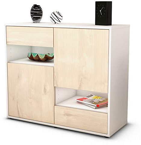 Stil.Zeit Sideboard Carmelina, Korpus Weiss matt, Front Holz-Design Zeder (92x79x35cm) Push-to-Open Technik & Leichtlaufschienen