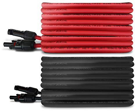 TEMCo 8 AWG/Gauge Solar Panel Extension Cable - Made in The USA (M/F Solar Connector Ends) (125 Feet Black + 125 Feet Red) (Variety of Lengths Available)
