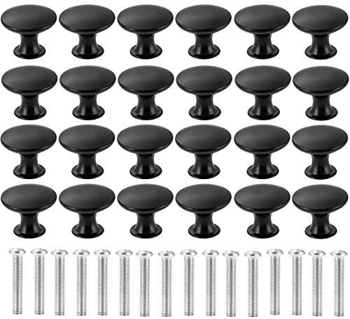 KAHEIGN 24Pcs Round Cabinet Knobs, 30mm Matted Black Mushroom Drawer Knobs Door Pull Handle for Single Hole Cupboard Wardrobe Furniture - with 24Pcs Screws