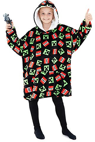 Minecraft Hoodie Decke Kinder Jungen - Übergröße Kuschelhoodie, Warm Fleece Kapuzenpullover Teenager - Tragbare Decken Hoodie Jungen (Schwarz AOP)