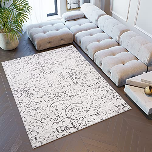 TAPISO Sky Teppich Kurzflor Grau Beige Floral Ornament 140 x 200 cm | Modern Meliert Verwischt Design Wohnzimmer Schlafzimmer 3D Optik OEKO-TEX