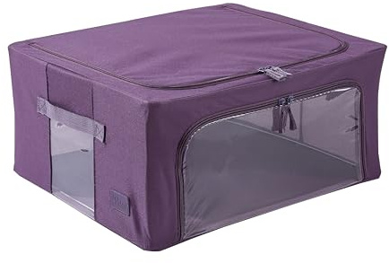 Periea ‘Beau’ Folding Collapsible Stackable Fabric Home Storage Boxes with Steel Frames (Eggplant, Medium)