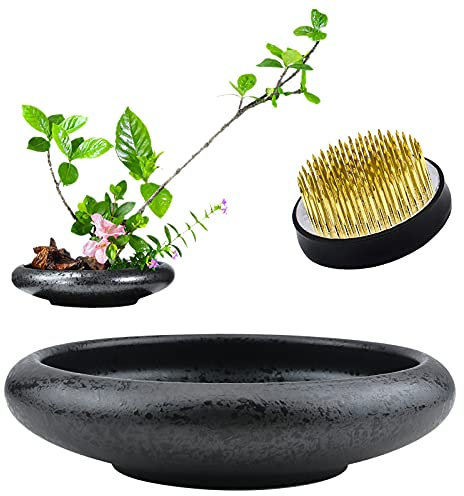 CRAFFANCY Blumenarrangement Zubehör Set, Ikebana Schale Japanisch Vase, Tiefe, Runde Keramik Ikebana Blumenvase mit 5 cm Kenzan Blumenfrosch für Blumenarrangement, Heimdekoration, Schwarz Gepunktet