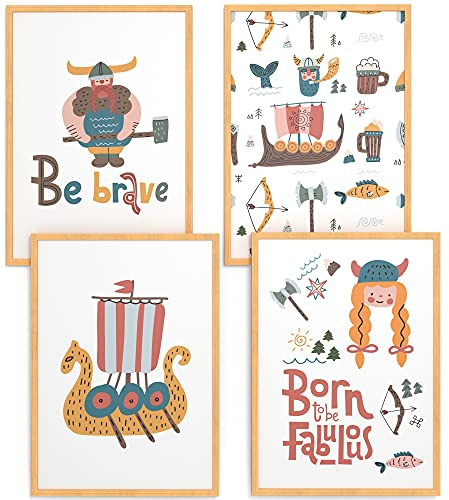 Papierschmiede® Kinderbilder 4er Set, A4 gerahmt in Holzrahmen (Natur), Geschenk für Jungen Wanddeko Kinderzimmer Babyzimmer, Boot Schiff Axt Krieger, Wikinger