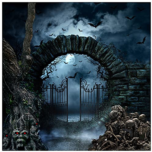 AIIKES 10x10FT Sfondo Fotografia Halloween - Notte di Halloween Cimitero Horror, Oscura Recinzione, Cancello di Ferro, Teschio, Albero, Lapide - Scena 12-342