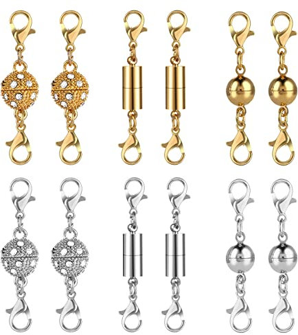 12 Stücke Magnet Schmuckverschluss, Magnetische Verschluss Kette Karabinerverschluss, Magnetische Schmuck Verschluss für Armband Halskette, Enthält Drei Stile (Strass Ball, Zylindrische, Ball Ton)