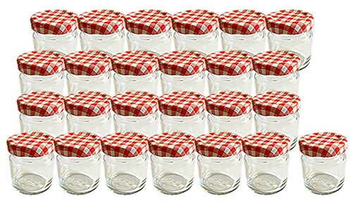 Vitrea 25 x Marmeladengläser kleine 50 ml Gläschen mit Schraub-Deckel Rot Kariert - Mini Einmachgläser - Honiggläser - Probiergläser für Gastgeschenke & Hochzeit Made in Germany