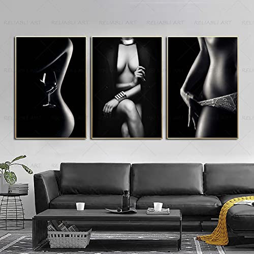 DUDLOO Sexy nackte Frau Körper Poster Gemälde Druck auf Leinwand Schwarz-Weiß-Wandkunst Bilder für Wohnzimmer Wohnkultur HD-Drucke 30 x 45 cm x 3 rahmenlos