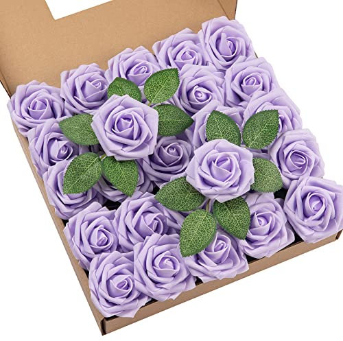 DuHouse 25 rose artificiali con steli veri fiori in schiuma per bouquet fai da te, bouquet da sposa, centrotavola per baby shower, decorazione floreale per feste, decorazione per la casa (lilla