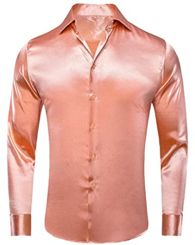 Chemises habillées unies en satin de soie pour hommes, chemise de costume, chemisier décontracté et formel, couleur unie, rose pêche CY-1501 M