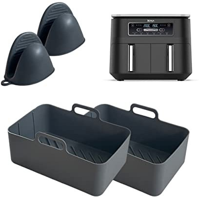 Silicone Air Fryer Liners for Ninja Air Fryer Dual, Ninja Air Fryer Accessories, Reusable Air Fryer Silicone Liner, 7.6l Airfryer Liners, Airfryer Accessories for Ninja Dual Air Fryer,2xGrey,2xGloves