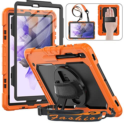HXCASEAC Case for Samsung Galaxy Tab S7 FE 5G 12.4 inch, Protective with Screen Protector/Hand Strap/S Pen Holder, Heavy Duty Design for Samsung Galaxy S7 FE Tablet Case - Orange