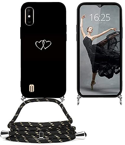 EuoDuo Kompatibel mit Wiko Y81 Hülle mit Band Handyhülle Handy Kette Schwarz Silikon Muster Motiv Schutzhülle Kordel zum Umhängen Necklace Halskette Cover - Liebesherz