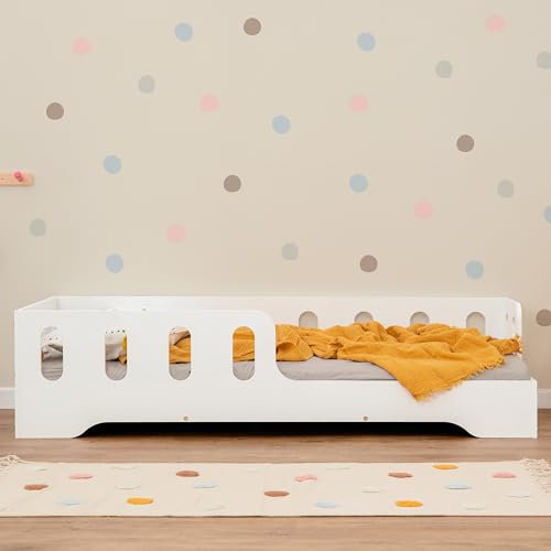smartwood TILA 1P Kinderbett 90x180 | Montessori Bodenbett mit Lattenrost & Rausfallschutz | Für Jungen & Mädchen | Weiß | Sicheres und Robustes Holzbett für Kinder ab 3 Jahren